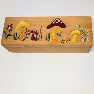 Vintage handpainted box W mushrooms, flowers & plants. Velvet lined. 10.5x3.75x3